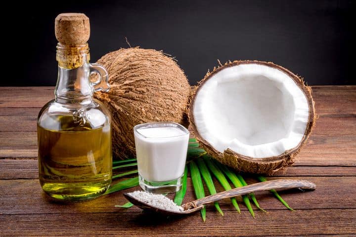 split coconut, coconut milk, and coconut oil
