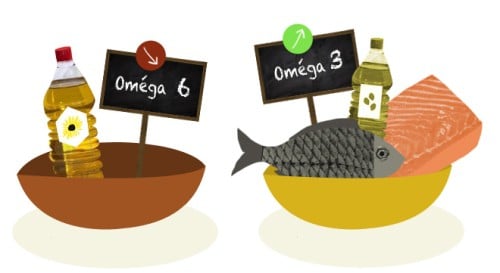 illustration of foods that are primary sources of omega-6 and omega-3 fats