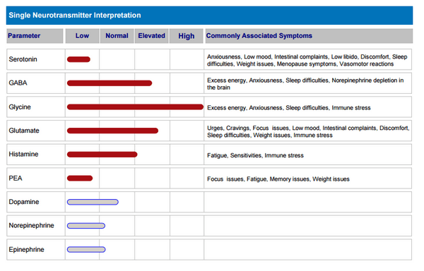 chart showing neurotransmitter level test results